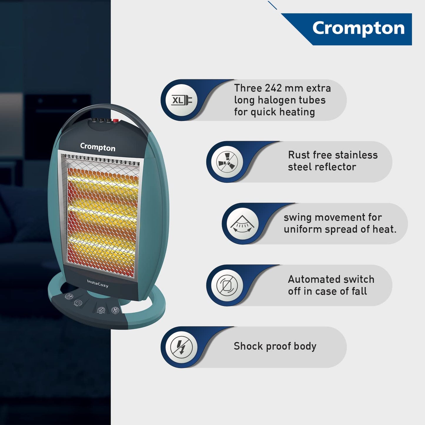 Crompton Insta Cozy 1200 Watt Halogen Room Heater with 3 Heat Settings(Grey Blue)